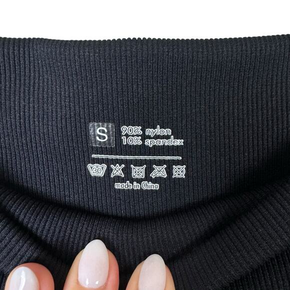SandersFit Black Ribbed Short Sleeve Crop Top & Bike Shorts Workout 2 Piece Set - Picture 11 of 11